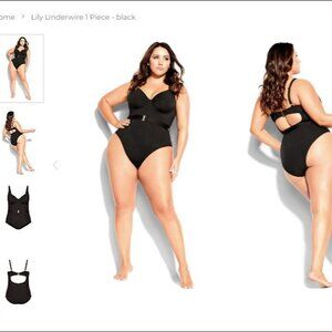 City Chic Swimsuit Black Belted Gold Hardware Underwire 1 Piece Cut Out Back L